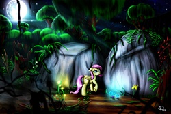 Size: 3000x2000 | Tagged: safe, artist:lightningdasher, fluttershy, g4, curiosity, everfree forest, exploring, female, folded wings, forest, full moon, high res, nature, night, raised hoof, scenery, solo, starry night, vine