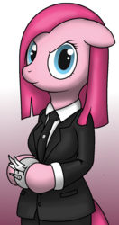 Size: 716x1360 | Tagged: safe, artist:tg-0, pinkie pie, earth pony, anthro, semi-anthro, g4, arm hooves, clothes, crossover, female, phantasm, pinkamena diane pie, solo, suit