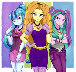 Size: 2605x2469 | Tagged: dead source, safe, artist:ryou14, adagio dazzle, aria blaze, sonata dusk, equestria girls, g4, bedroom eyes, bodysuit, clothes, crossed arms, cute, female, frown, gem, hairband, hand on hip, high res, looking at you, pants, ponytail, shirt, siren gem, skirt, smiling, sonatabetes, the dazzlings