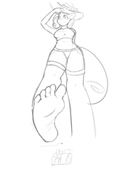 Size: 1075x1399 | Tagged: safe, artist:jj-psychotic, rarity, anthro, plantigrade anthro, g4, barefoot, belly button, city, clothes, feet, female, giantess, hat, low angle, macro, midriff, monochrome, offscreen character, pov, soles, solo, stomp, toes, unaware