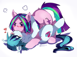 Size: 1301x965 | Tagged: safe, artist:hisshi shoujo, aria blaze, sonata dusk, earth pony, pony, equestria girls, g4, blushing, cuddling, duo, equestria girls ponified, explicit source, eyes closed, female, fluffy, heart, kissing, lesbian, mare, on back, ponified, ship:arisona, shipping, simple background, smiling, snuggling, white background