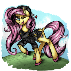 Size: 1054x1054 | Tagged: safe, artist:amous-anona, fluttershy, g4, backwards ballcap, clothes, female, hat, heart, jacket, looking at you, raised hoof, solo, standing, wink
