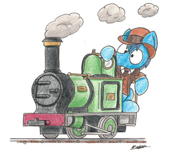 Size: 1661x1470 | Tagged: safe, artist:bobthedalek, oc, oc only, earth pony, pony, bowler hat, clothes, hat, jacket, locomotive, male, solo, stallion, steam locomotive, train