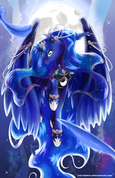 Size: 647x1000 | Tagged: safe, artist:syo-senpai, princess luna, g4, feather, female, flying, jewelry, moon, solo