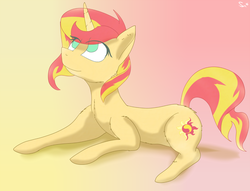 Size: 1500x1147 | Tagged: safe, artist:sintakhra, sunset shimmer, cat, pony, unicorn, g4, catified, female, gradient background, prone, solo, species swap