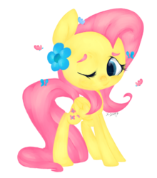 Size: 950x1081 | Tagged: safe, artist:psicommander, fluttershy, butterfly, g4, female, flower, flower in hair, folded wings, looking at you, simple background, solo, standing, transparent background, wink