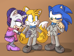 Size: 733x558 | Tagged: dead source, safe, artist:atomiclance, rarity, mobian, anthro, plantigrade anthro, g4, crossover, group, male, miles "tails" prower, sonic the hedgehog, sonic the hedgehog (series), sonicified