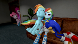Size: 1366x768 | Tagged: safe, artist:migueruchan, pinkie pie, rainbow dash, equestria girls, g4, 3d, crossover, crossover shipping, female, gmod, hug, interspecies, lesbian, male, selfcest, shipping, sitting, sleeping, snuggling, sonic the hedgehog, sonic the hedgehog (series), sonicdash, square crossover, straight