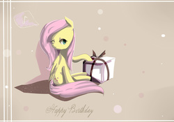 Size: 2573x1804 | Tagged: safe, artist:finoladays, fluttershy, g4, card, female, folded wings, happy birthday, looking at you, music notes, present, sitting, solo, speech bubble, turned head, wink