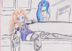 Size: 2597x1857 | Tagged: safe, artist:elgatosabio, adagio dazzle, princess luna, vice principal luna, equestria girls, g4, cellphone, clothes, couch, dress, duo, female, magazine, phone, socks, thigh highs, traditional art