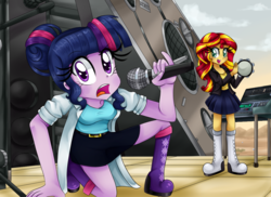Size: 1100x800 | Tagged: safe, artist:lucy-tan, sci-twi, sunset shimmer, twilight sparkle, equestria girls, g4, clothes, cute, duo, eyelashes, get schwifty, lab coat, looking at you, microphone, musical instrument, rick and morty, shimmerbetes, singing, stage, tambourine, twirick