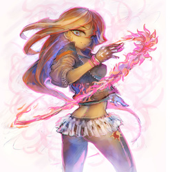 Size: 1925x1950 | Tagged: safe, artist:girlsay, sunset shimmer, equestria girls, g4, back, clothes, female, fiery shimmer, fire, gloves, magic, midriff, pyromancy, solo