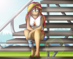Size: 2901x2360 | Tagged: safe, artist:tyron91, sunset shimmer, equestria girls, g4, barefoot, bleachers, clothes, energy drink, engrish, feet, female, high res, lens flare, shorts, sitting, smiling, solo, sweat, tank top