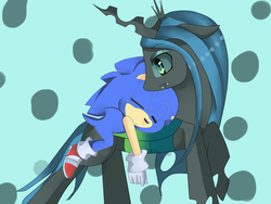 Size: 1600x1200 | Tagged: safe, artist:princess-rosalie97, queen chrysalis, g4, chonic, crossover, crossover shipping, male, request, shipping, sleeping, sonic the hedgehog, sonic the hedgehog (series)