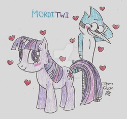 Size: 1024x956 | Tagged: safe, artist:celmationprince, twilight sparkle, g4, crossover, crossover shipping, male, mordecai, mordetwi, regular show, shipping, traditional art, watermark