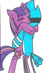 Size: 441x727 | Tagged: safe, artist:cmara, twilight sparkle, alicorn, pony, g4, crossover, female, hug, male, mare, mordecai, regular show, traditional art, twilight sparkle (alicorn)