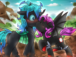 Size: 2000x1500 | Tagged: safe, artist:vavacung, oc, oc only, oc:midnight moon, bat pony, changeling, pony, blushing, broken horn, female, horn, interspecies, kissing, lesbian, oc x oc, shipping