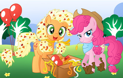 Size: 1024x649 | Tagged: safe, artist:willemijn1991, applejack, pinkie pie, g4, alternate hairstyle, mane swap, palette swap, personality swap