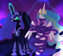 Size: 1950x1720 | Tagged: safe, artist:radiantrealm, nightmare moon, princess celestia, alicorn, pony, g4, bondage, bound and gagged, commission, duo, female, femsub, gag, glowing horn, green eyes, grin, horn, mare, mummification, night, show accurate, shrunken pupils, slender, slit pupils, smiling, starry night, sublestia, submissive, thin