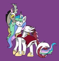 Size: 1024x1063 | Tagged: safe, artist:lunadash, discord, princess celestia, alicorn, draconequus, pony, g4, blushing, clothes, eye contact, female, looking at each other, male, missing accessory, royal cape, ship:dislestia, shipping, straight