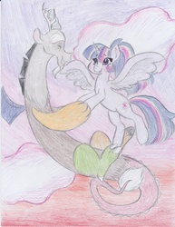Size: 2550x3300 | Tagged: safe, artist:lacedra, discord, twilight sparkle, alicorn, pony, g4, alternate hairstyle, female, flying, high res, male, mare, rainbow power, ship:discolight, shipping, straight, traditional art, twilight sparkle (alicorn)