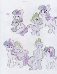 Size: 2550x3300 | Tagged: safe, artist:lacedra, spike, twilight sparkle, alicorn, dragon, pony, g4, alternate hairstyle, baby dragon, baby spike, cute, duo, duo male and female, female, filly, filly twilight sparkle, growing up, heart, high res, hug, levitation, magic, male, mama twilight, mare, older, older spike, ponytail, rainbow power, spikabetes, spikelove, teenage spike, teenaged dragon, teenager, telekinesis, traditional art, twiabetes, twilight sparkle (alicorn), wingless spike