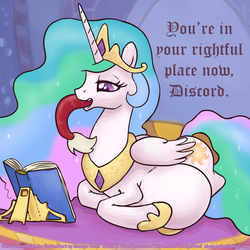 Size: 1500x1500 | Tagged: source needed, useless source url, safe, artist:smudge proof, discord, princess celestia, alicorn, pony, g4, abdominal bulge, belly, commission, female, fetish, mare, princess vorestia, tail, tail sticking out, vore