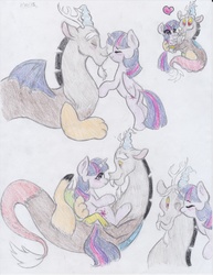 Size: 2550x3300 | Tagged: safe, artist:lacedra, discord, twilight sparkle, alicorn, pony, g4, female, high res, holding a pony, kissing, male, mare, nuzzling, ship:discolight, shipping, straight, traditional art, twilight sparkle (alicorn)