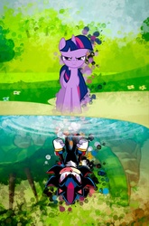 Size: 1202x1826 | Tagged: safe, artist:ultimate-xovers, twilight sparkle, g4, angry, crossover, lake, male, reflection, shadow the hedgehog, sonic the hedgehog, sonic the hedgehog (series)