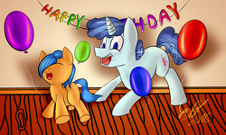 Size: 1280x768 | Tagged: safe, artist:gift, party favor, g4, birthday, blue, filly, food, orange, party