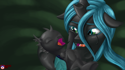 Size: 1920x1080 | Tagged: safe, artist:tsaritsaluna, queen chrysalis, changeling, changeling queen, nymph, g4, baby changeling, crying, female, mommy chrissy