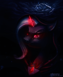 Size: 809x987 | Tagged: safe, artist:lulemt, trixie, pony, unicorn, g4, magic duel, alicorn amulet, female, glowing eyes, glowing horn, horn, lightning, mare, night, painting, solo