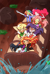 Size: 600x900 | Tagged: safe, artist:lotte, applejack, fluttershy, pinkie pie, rainbow dash, rarity, spike, sunset shimmer, twilight sparkle, dog, human, equestria girls, g4, foaming at the mouth, humane five, humane seven, humane six, pose, spike the dog, splash mountain, teary eyes, windswept hair