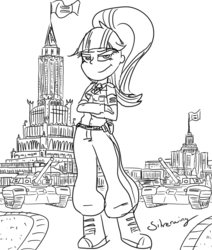 Size: 6000x7071 | Tagged: safe, artist:silverwing, starlight glimmer, equestria girls, g4, absurd resolution, army, black and white, equal, equality, equestria girls-ified, grayscale, military, military uniform, monochrome, propaganda, sketch, stalin glimmer, structure, tank (vehicle), tower