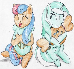 Size: 2429x2262 | Tagged: safe, artist:40kponyguy, derpibooru exclusive, bon bon, lyra heartstrings, sweetie drops, g4, 40kponyguy is trying to murder us, adorabon, cushion, cute, high res, implied shipping, lyrabetes, traditional art