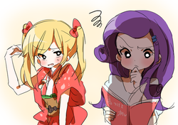 Size: 599x421 | Tagged: safe, artist:lotte, applejack, rarity, equestria girls, g4, alternate hairstyle, clothes, duo, humanized, kimono (clothing), reading, simple background, white background