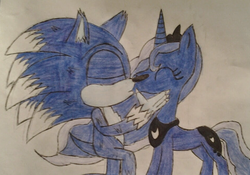 Size: 951x666 | Tagged: safe, artist:derpyxdoctor, princess luna, pony, g4, crossover, crossover shipping, female, kissing, male, request, shipping, sonic the hedgehog, sonic the hedgehog (series), sonic the werehog, sonicluna, traditional art