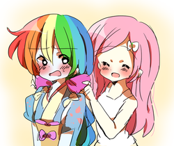 Size: 600x503 | Tagged: safe, artist:lotte, fluttershy, rainbow dash, human, equestria girls, g4, blushing, bow, clothes, duo, hair bow, humanized, kimono (clothing), model, modeling, open mouth, pony coloring, rainbow dash always dresses in style, smiling, tasuki