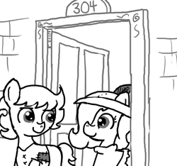 Size: 640x600 | Tagged: safe, artist:ficficponyfic, oc, oc only, oc:emerald jewel, oc:ruby rouge, colt quest, apartment, brick, brick wall, bricks, child, clothes, colt, cute, door, doorway, female, femboy, filly, foal, hat, male, numbers, story included, tomboy, wood