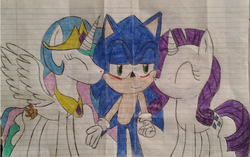 Size: 880x554 | Tagged: safe, artist:derpyxdoctor, princess celestia, rarity, g4, crossover, crossover shipping, female, interspecies, male, rarisonic, request, shipping, sonic the hedgehog, sonic the hedgehog (series), soniclestia, straight, traditional art