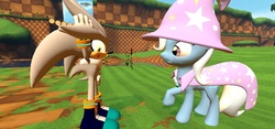 Size: 1024x480 | Tagged: safe, artist:megablaster7, trixie, pony, unicorn, g4, 3d, crossover, crossover shipping, female, gmod, green hill zone, male, mare, shipping, silver the hedgehog, sonic the hedgehog, sonic the hedgehog (series)