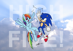 Size: 4300x3000 | Tagged: safe, artist:redapropos, rainbow dash, g4, cloud, crossover, high five, male, sonic the hedgehog, sonic the hedgehog (series)