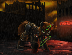 Size: 1807x1383 | Tagged: safe, artist:nukechaser, oc, oc only, oc:littlepip, oc:raiderpip, pony, unicorn, fallout equestria, armor, bad end, blade lick, blood, corrupted, fanfic, fanfic art, female, glowing horn, horn, knife, licking, lidded eyes, looking at you, magic, mare, neon, neon sign, raider, rain, raised hoof, ruins, solo, stare, telekinesis, tongue out, wasteland, weapon, wet