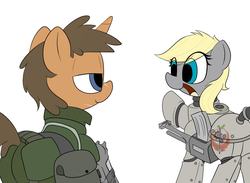Size: 1500x1100 | Tagged: safe, artist:datte-before-dawn, oc, oc only, oc:icepick, oc:permittivity, fallout equestria, combat armor, cute, gun, icetivity, power armor, powered exoskeleton, rifle, weapon