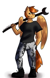 Size: 1412x2160 | Tagged: safe, artist:slynecallisto, oc, oc only, oc:rave muller, pegasus, anthro, plantigrade anthro, ankle boots, big wrench, male, military uniform, solo, wrench