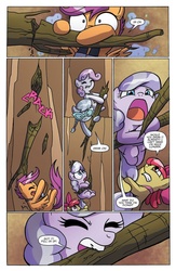 Size: 1041x1600 | Tagged: safe, artist:agnesgarbowska, idw, official comic, apple bloom, diamond tiara, scootaloo, silver spoon, sweetie belle, earth pony, pegasus, pony, unicorn, g4, spoiler:comic, spoiler:comic39, bag, binoculars, cliff, comic, cutie mark crusaders, damsel in distress, female, filly, foal, mouth hold, preview, saddle bag, speech bubble, tree branch