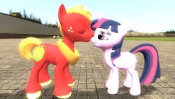 Size: 1360x768 | Tagged: safe, artist:mk513, big macintosh, twilight sparkle, alicorn, pony, g4, 3d, 3d model, female, gmod, kissing, male, mare, ship:twimac, shipping, straight, twilight sparkle (alicorn)