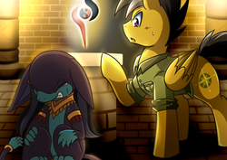 Size: 1131x800 | Tagged: safe, artist:vavacung, part of a set, ahuizotl, daring do, pony, comic:treasure hunt, g4, aftersex, ahuizota, bottomless, clothes, crying, dashing do, dashingzota, female, male, part of a series, rule 63, self loathing, ship:darizotl, shipping, stallion, story included, straight