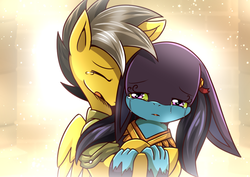 Size: 1131x800 | Tagged: safe, artist:vavacung, part of a set, ahuizotl, daring do, ahuizotl (species), pony, comic:treasure hunt, g4, ahuidorable, ahuizota, bittersweet, crying, cute, daring dorable, dashing do, dashingzota, female, hug, hug from behind, male, part of a series, rule 63, rule63betes, ship:darizotl, shipping, stallion, story included, straight, vavacung is trying to murder us
