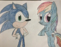 Size: 790x613 | Tagged: safe, artist:derpyxdoctor, rainbow dash, g4, crossover, male, sonic the hedgehog, sonic the hedgehog (series), traditional art